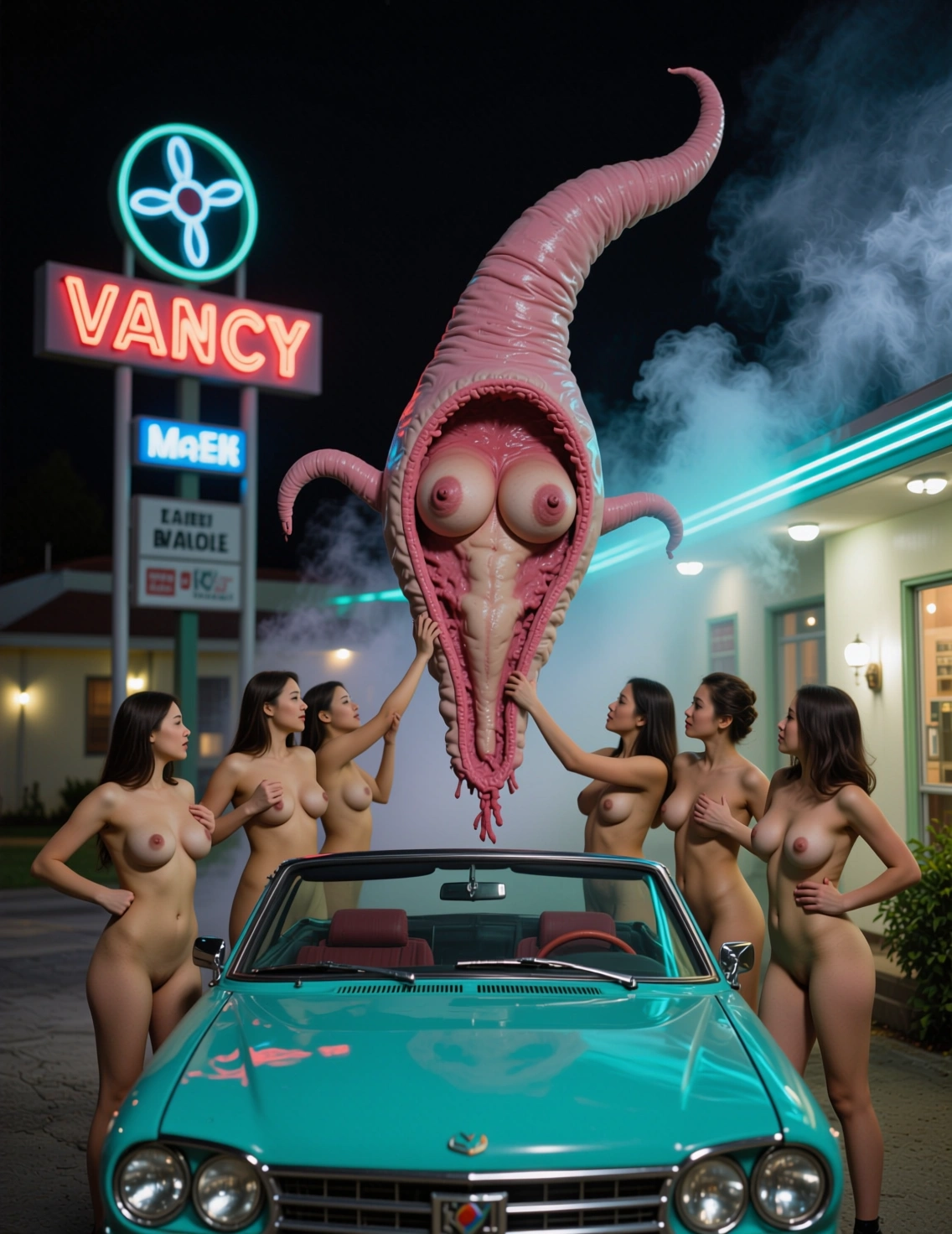 Fictional adults greeting a giant camp alien above a turquoise convertible
