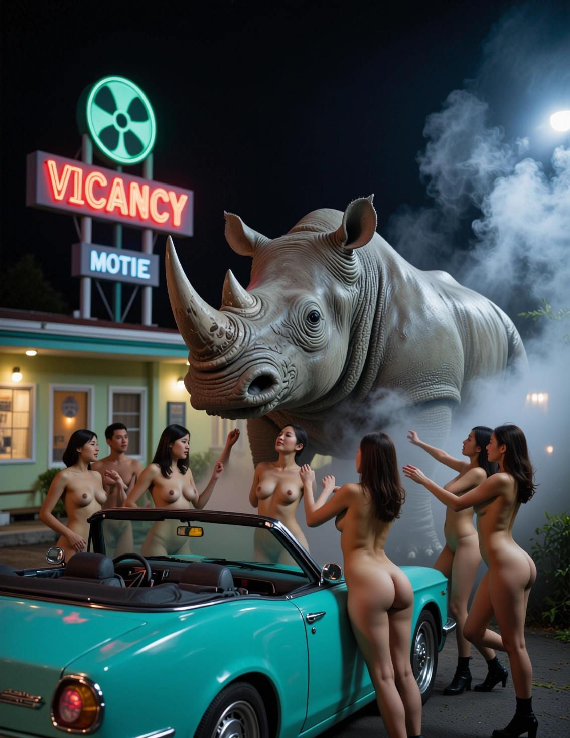 Fictional adults and a giant rhinoceros outside an atomic-age motel